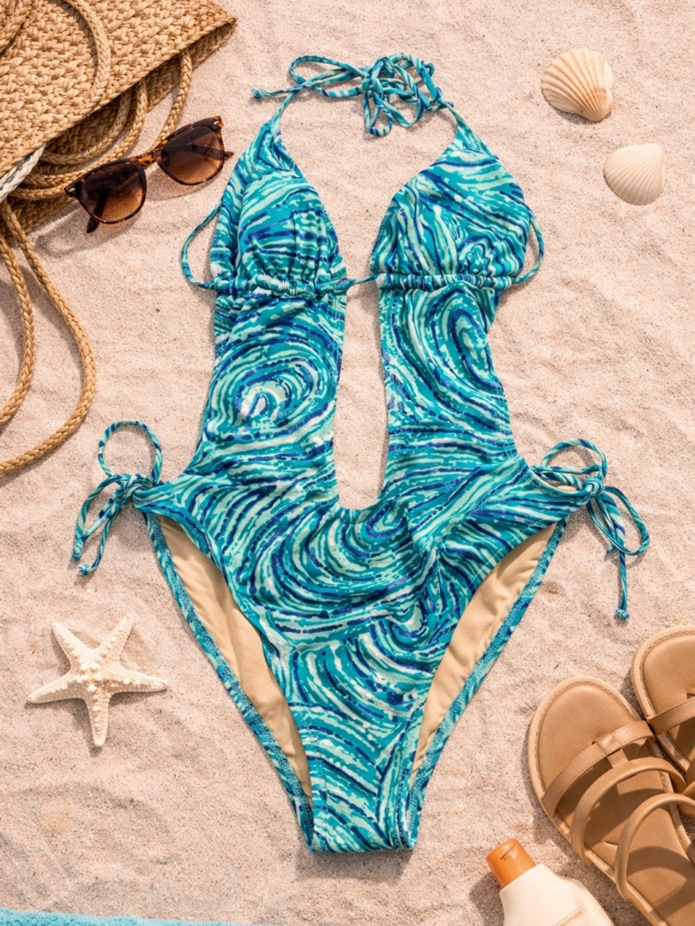 Ocean Swirl Cutout One-Piece Swimsuit - Teal Blue